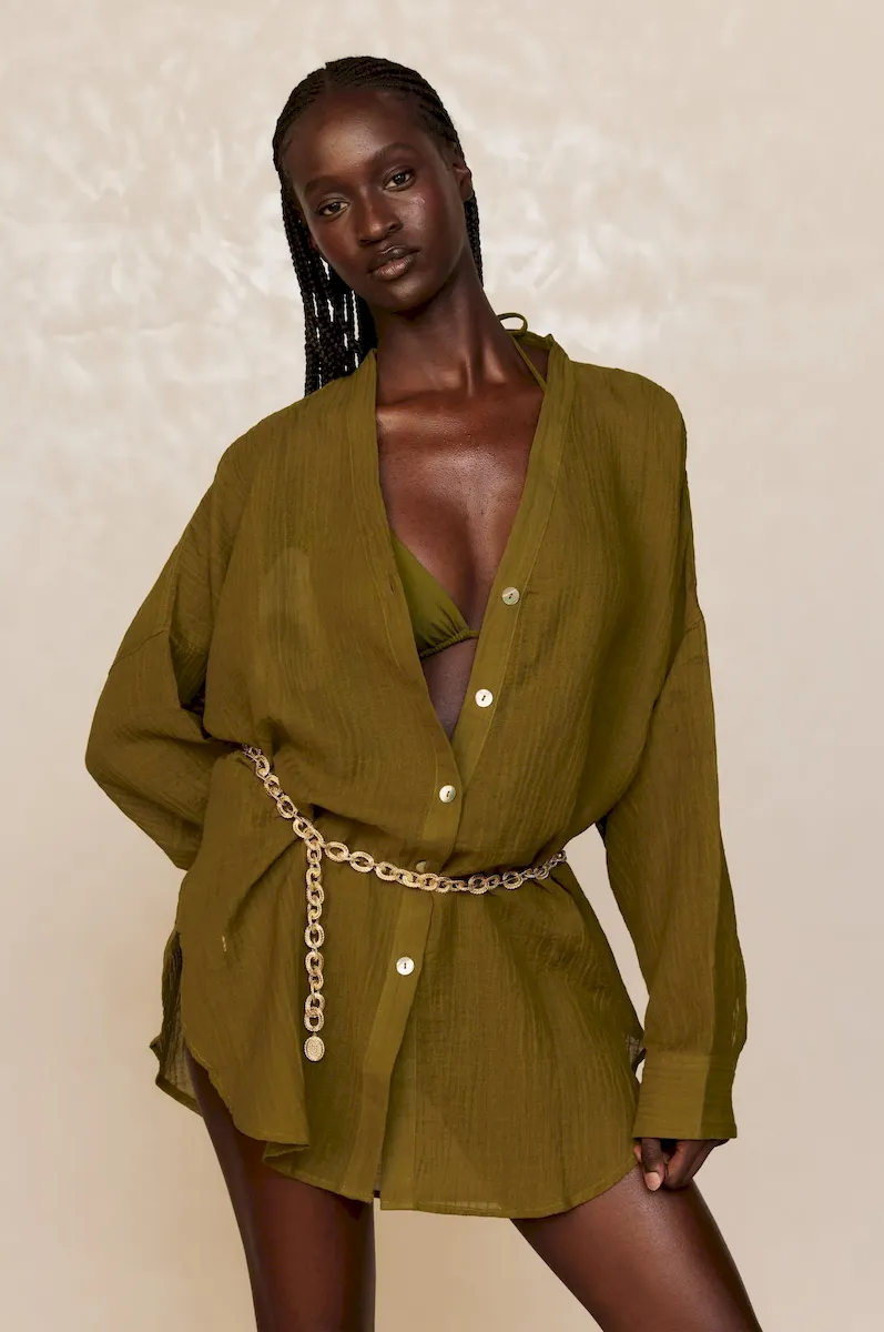 Barcelona Tunic Olive Crinkle Linen - Image 3